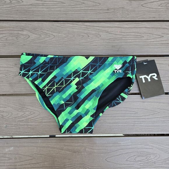 TYR Boy's Men's Echo Dash Geometric Green Swim Racer Briefs SZ 28 New - Picture 1 of 3
